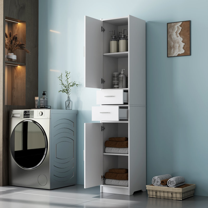 Grande armoire de rangement blanche de 70,87 po avec 2 portes et 2 tiroirs, unité de plancher étroite avec tablettes réglables pour la salle de bain, la cuisine et le salon | Idée cadeau