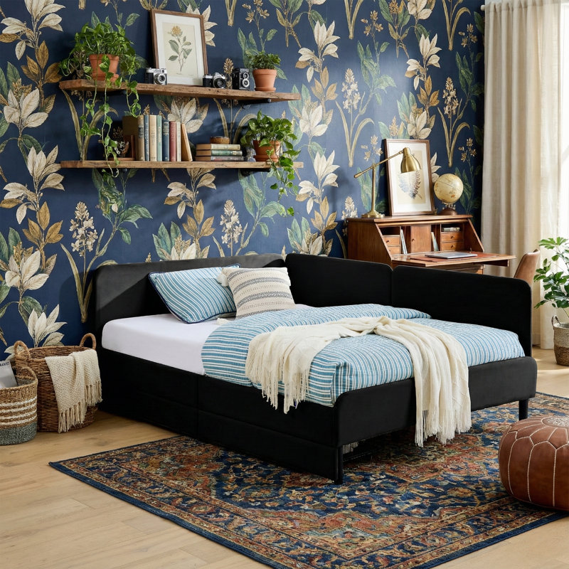 Lit de jour 78 po en velours avec 2 tiroirs de rangement - Base de lit plateforme pleine grandeur - Noir, Lit double, Noir