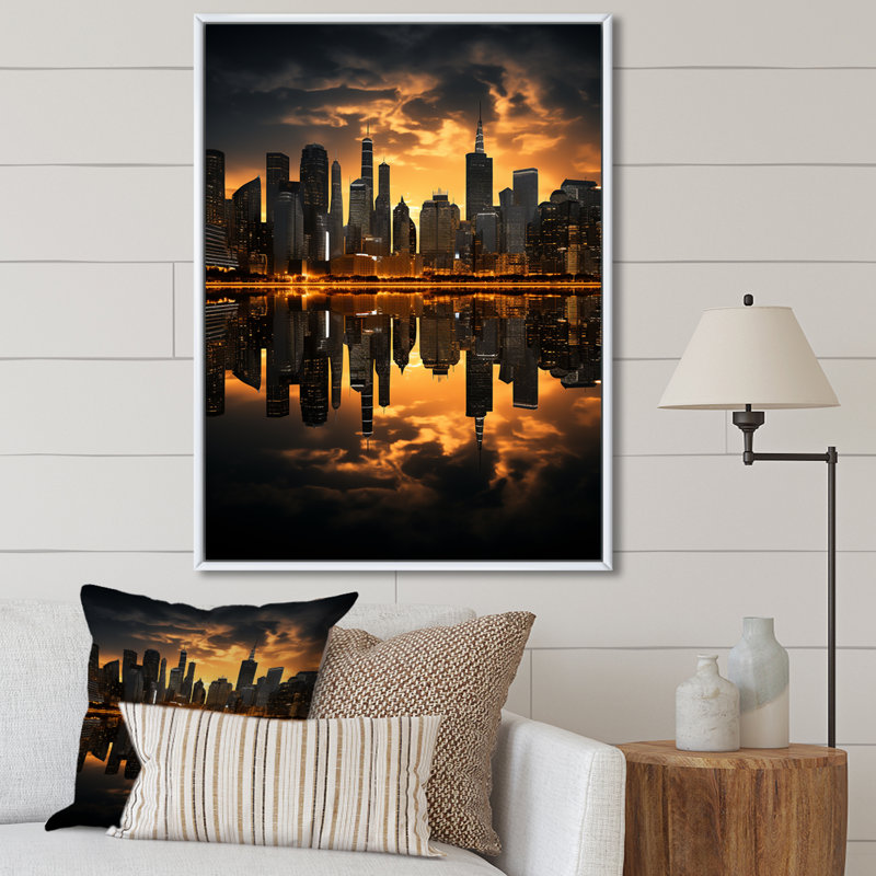 «Blansett Yellow Black Miami City Skylines», reproduction d'art sur toile, H 32 po x l 24 po x P 1 po, Cadre flottant blanc