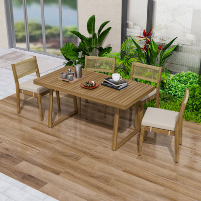 5Pcs Outdoor Dining Set with Acacia Wood Table and Cushioned Chairs for Backyard or Garden