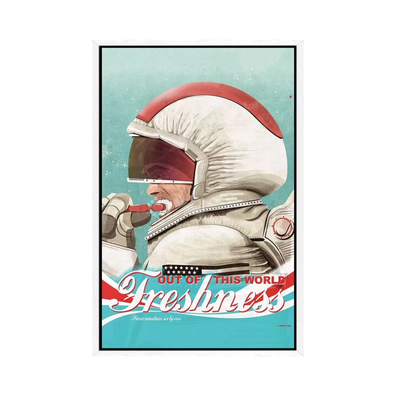 Spaceman Brushing Their Teeth - Painting on Canvas, 66.04 cm H x 45.72 cm W, White Framed