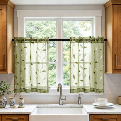 Sage Sheer Kitchen Curtains 2 Panels, Rod Pocket, Floral