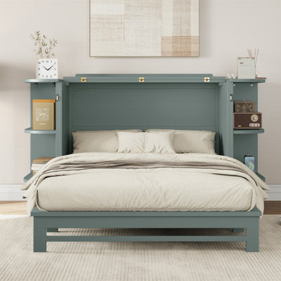 Armoire-lit style rustique en pin massif de style campagnard avec station de charge et 2 tablettes ouvertes pour le bureau à domicile ou une petite pièce