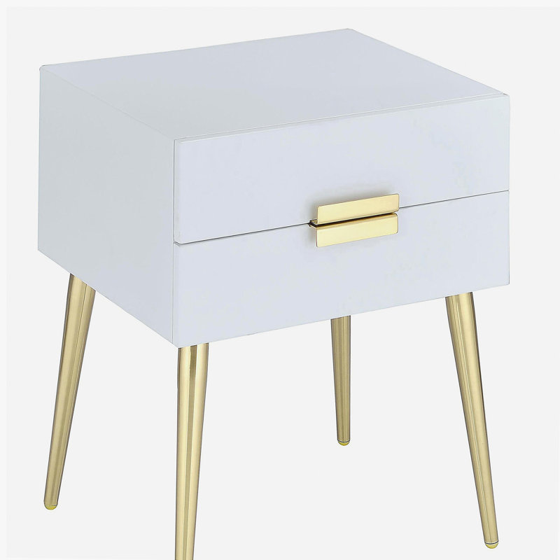 Table d'appoint blanche et dorée avec 2 tiroirs, Blanc