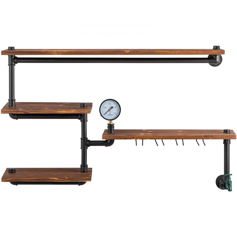 Étagères en fer, étagère de tuyaux en acier industriel avec planches de bois à 4 niveaux, tablettes flottantes rustiques modernes murales, support de rangement pour la salle de bain, la bibliothèque, la cuisine et la décoration intérieure