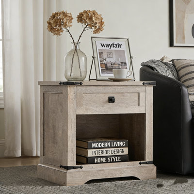 24" Farmhouse Nightstand With Charging Station, Rustic Weathered Wood Bedside Table With Drawer & Open Storage