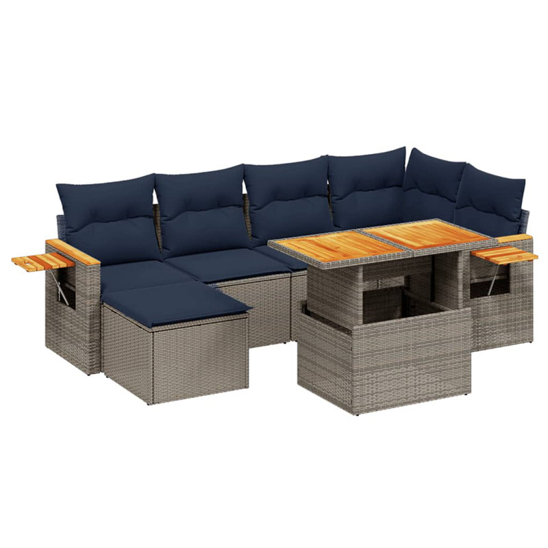  Ensemble de canapé de patio 7 pièces avec coussins en rotin de polyester, Gris, Bleu