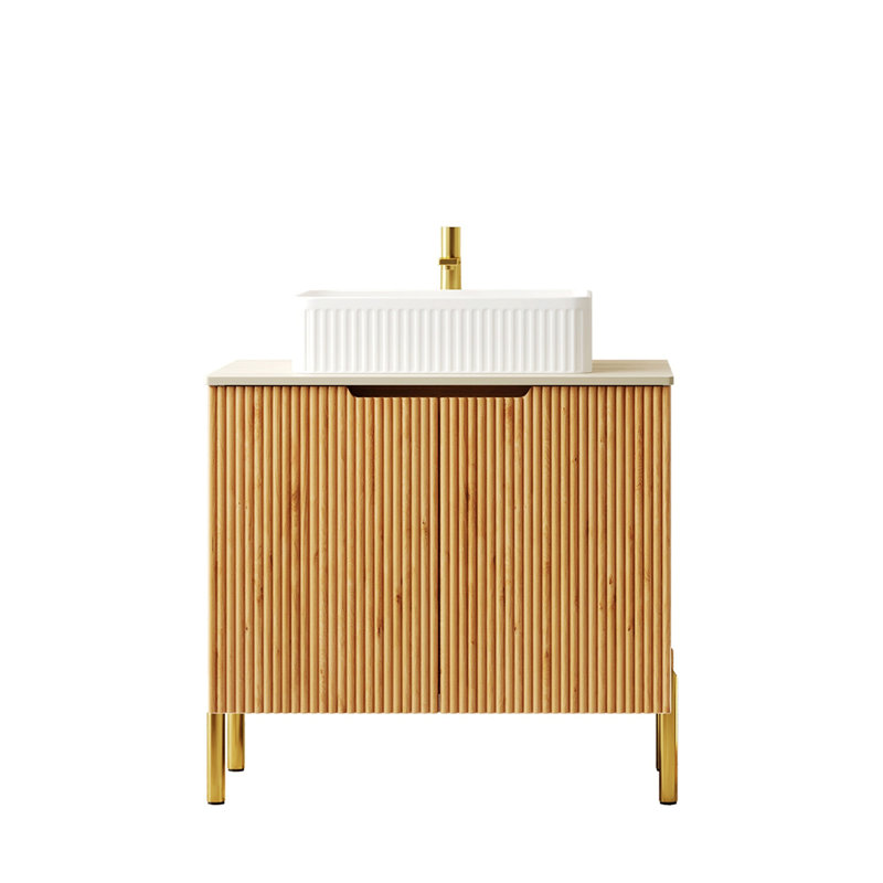 Bathroom Vanity With Rectangular Ceramic Basin, Wooden Frame Bathroom Storage Cabinet With 2 Doors, Natural Wood/White