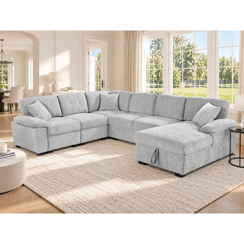 Upholstered 117.5 " Chenille U-Shaped Sofa Bed, Chenille gris pâle