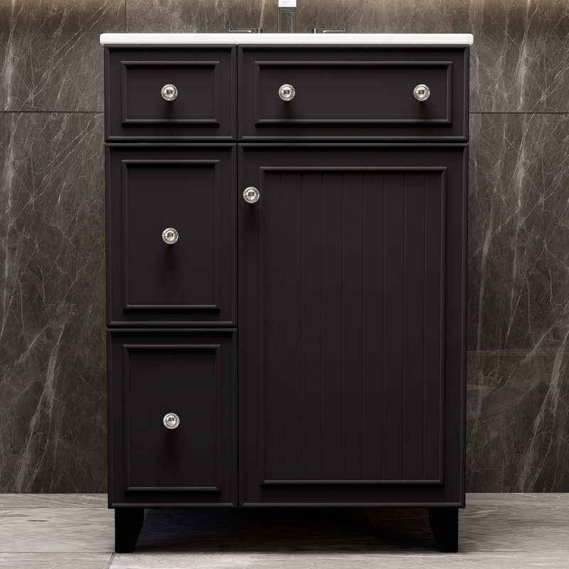Armoire de salle de bain noire 24 "avec lavabo en céramique, 2 tiroirs, 1 porte, Noir