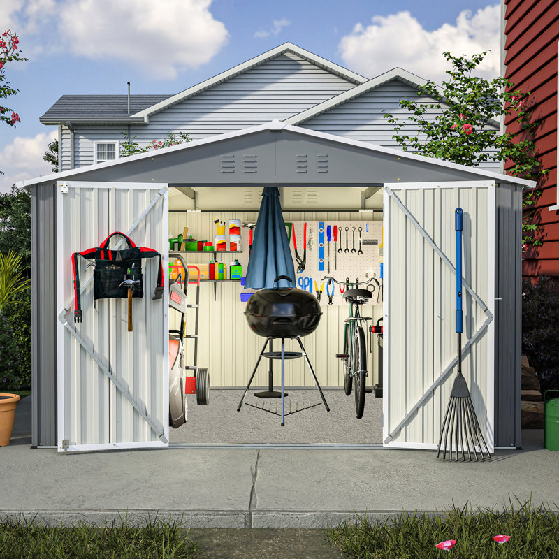 10x8 Ft Outdoor Grey Metal Shed - Lockable Doors, All Weather Perfect For Garden, Patio, Backyard, Lawn 10x8 Shed, Secure Doors Good Storage