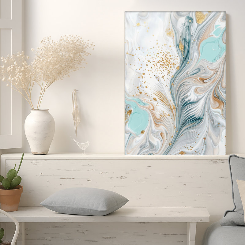 Bleu sarcelle et or, art abstrait marbré sur toile, tourbillons, 24"H x 18"W