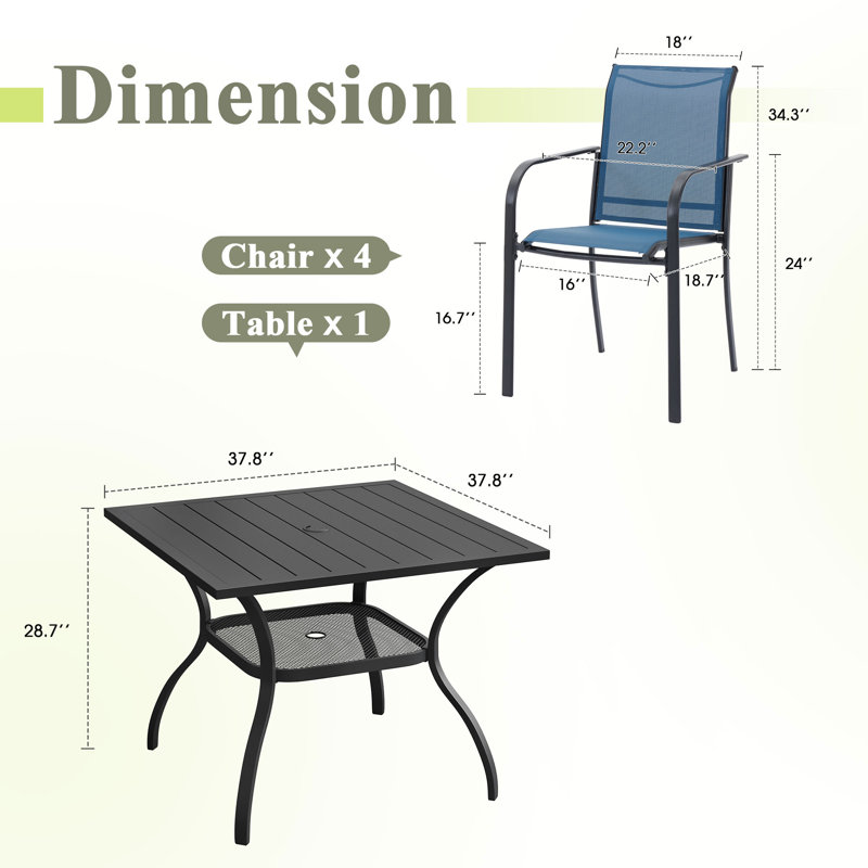 4-Person Square Patio Dining Set With Stackable PVC-coated polyester Chairs, Blue/Black