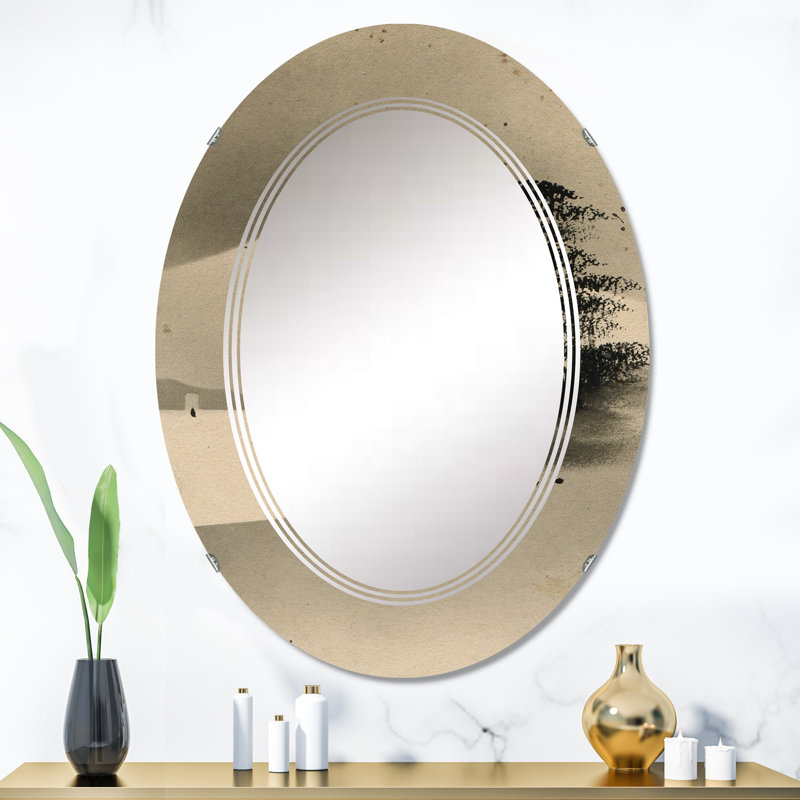 Paysage d'hiver avec montagne Fuji - miroir mural ovale, 36 po x 24 po