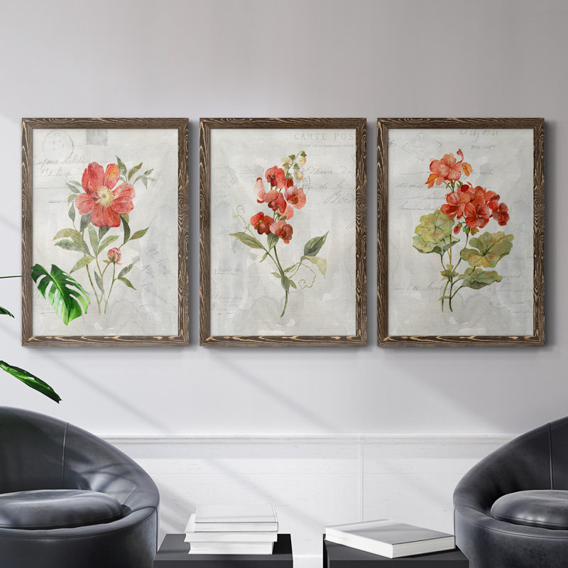 Lin géranium - ensemble de 3 impressions sur toile encadrées, H 31,5 po x l 47 po x P 1,5 po, Noyer
