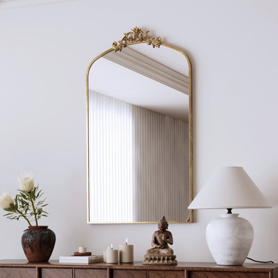 Miroir mural 43 x 24 po, miroir de plancher arqué orné de miroir en métal, pour vestibule, salon, chambre à coucher, bronze antique