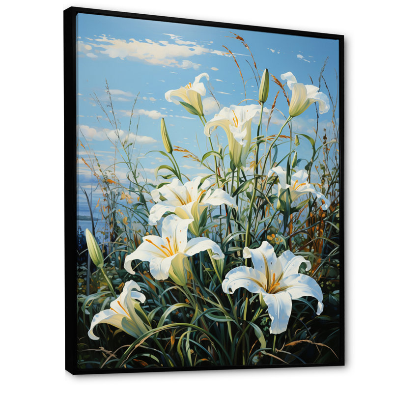 «White Blue Lilies Field Pointillism Dot», reproduction sur toile encadrée, H 32 po x l 24 po x P 1 po, Noir
