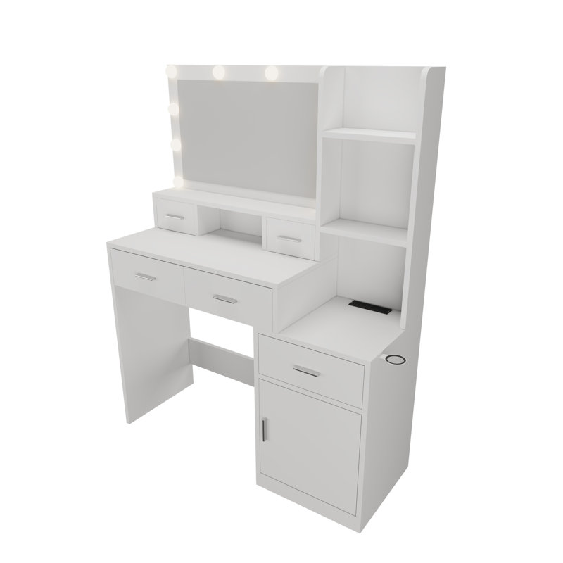 Table de chambre à coucher avec 1 tiroir et 1 espace de rangement avec tablettes blanches dissimulées