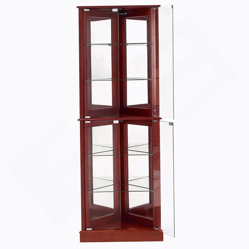 Corner Curio Dispaly Cabinet With Lights, Adjustable Tempered Glass Shelves, Mirrored Back,Cherry
