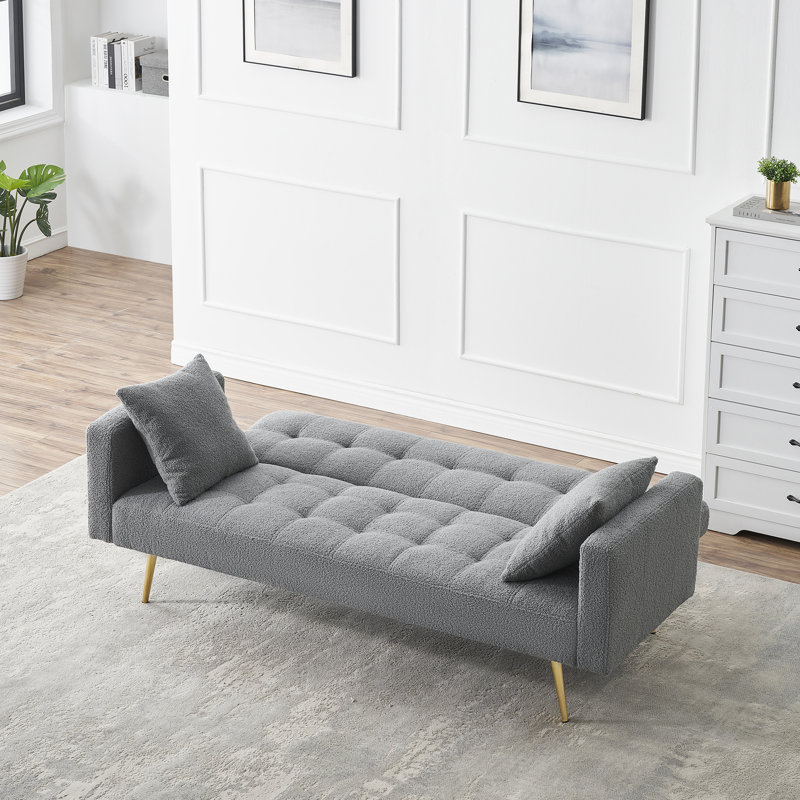 Quiniya 71.26" Modern Teddy Velvet Sofa Bed Folding Couch with Two Throw Pillows for Living Room, Gray Polyester Blend