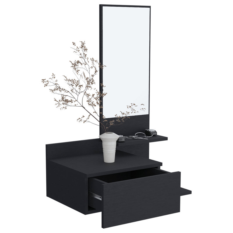 Console moderne avec 3 tablettes et miroir - Tiroir pleine extension de style contemporain noir, Noir