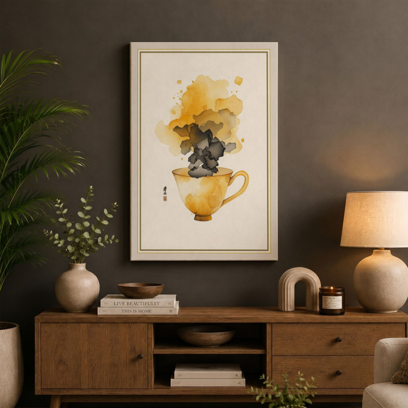 Steaming Tea Modern - Wrapped Canvas, 18x12 - 45.7 x 30.5 cm, Taupe Border