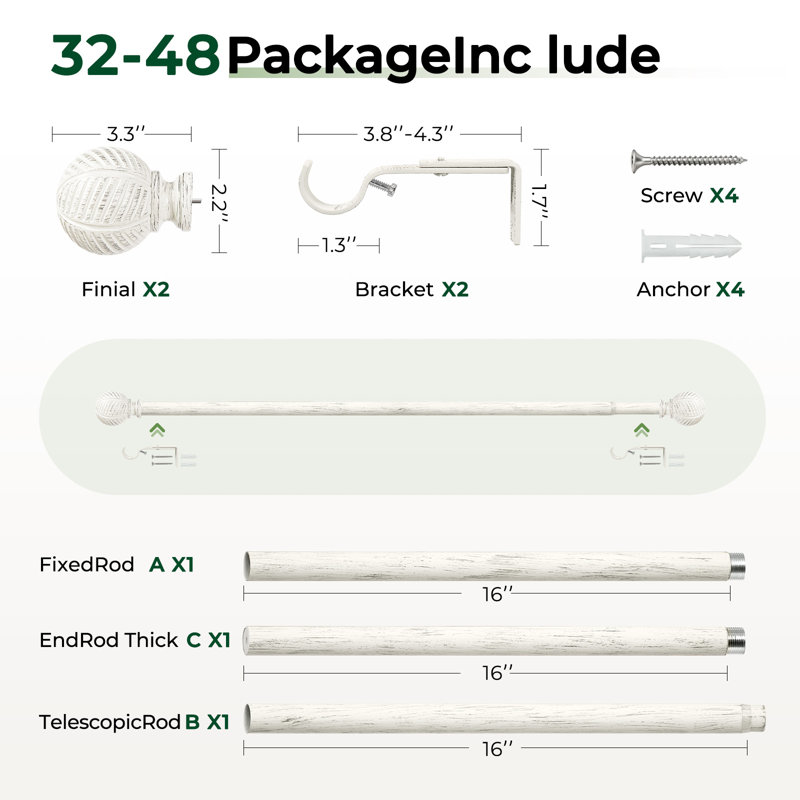 Tringle à rideaux simple réglable en métal, 32" - 48", Blanc