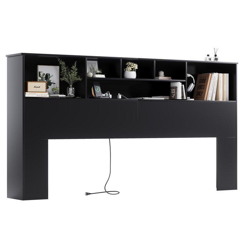 Modern Wooden Bookcase Headboard with Adjustable LED Lights & Charging Station – Queen & King Sizes,, KING, Black