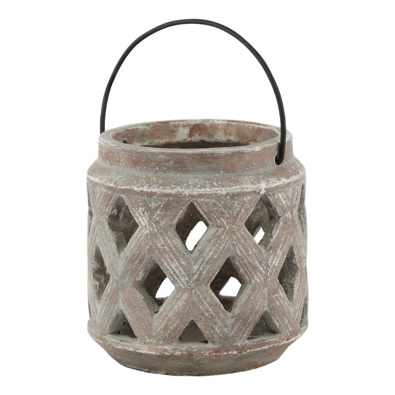 Ceramic Tabletop Lantern, Brown, 15cm H x 15cm W x 15cm D