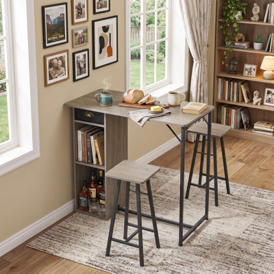 Ensemble de table et chaises de bar 3 pièces, tiroir et tablette de rangement intégrés, table à manger compacte pour petits espaces, idéale pour la maison ou le bureau