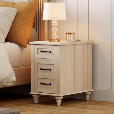 Table de chevet avec station de charge, table d'appoint avec un tiroir et une armoire, beige