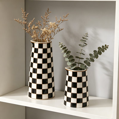 Ensemble de vases à fleurs en porcelaine à carreaux de petites bouteilles de fleurs d'intérieur de 2, 5,5 et 8 pouces pour décoration intérieure, motif rétro noir et blanc avec garniture or foncé