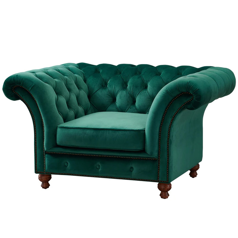 Peppie Velvet Chesterfield Chair, Green Genuine Leather