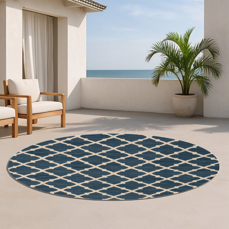 Tapis bleu intérieur et extérieur Trellis, Rond 5 pi