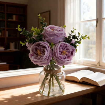 Artificial Rose & Peony Bouquet in Glass Vase with Faux Water
