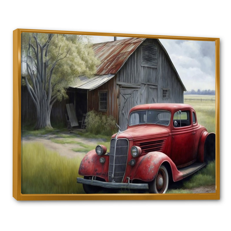 «Red Car» par Barn - reproduction sur toile, Toile avec cadre flottant or, 16" H x 32" W