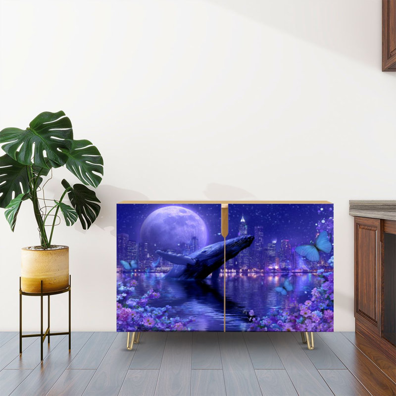 Buffet Buffet avec rangement Magical Night Sky Floating Blue Whale Luminous Flowers Under Full Moon avec 2 portes pour le salon et la cuisine