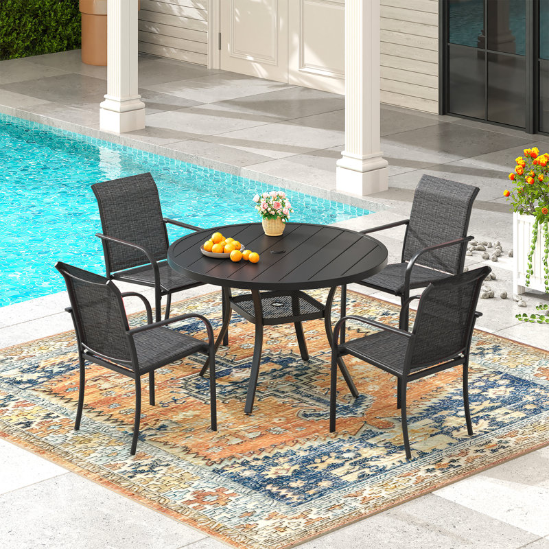 Ensemble repas d'extérieur pour 4 personnes avec chaises empilables 4 personnes, Gris / Noir