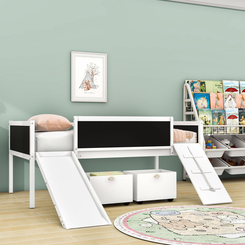 Twin-Size Loft Bed With Climbing Frame, Slide, And Creative Chalkboard, White
