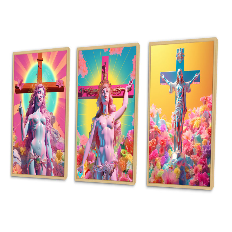 «Barbie Jesus On The Cross II», 3 pièces sur toile, Cadre naturel flottant, H 36 po x l 20 po