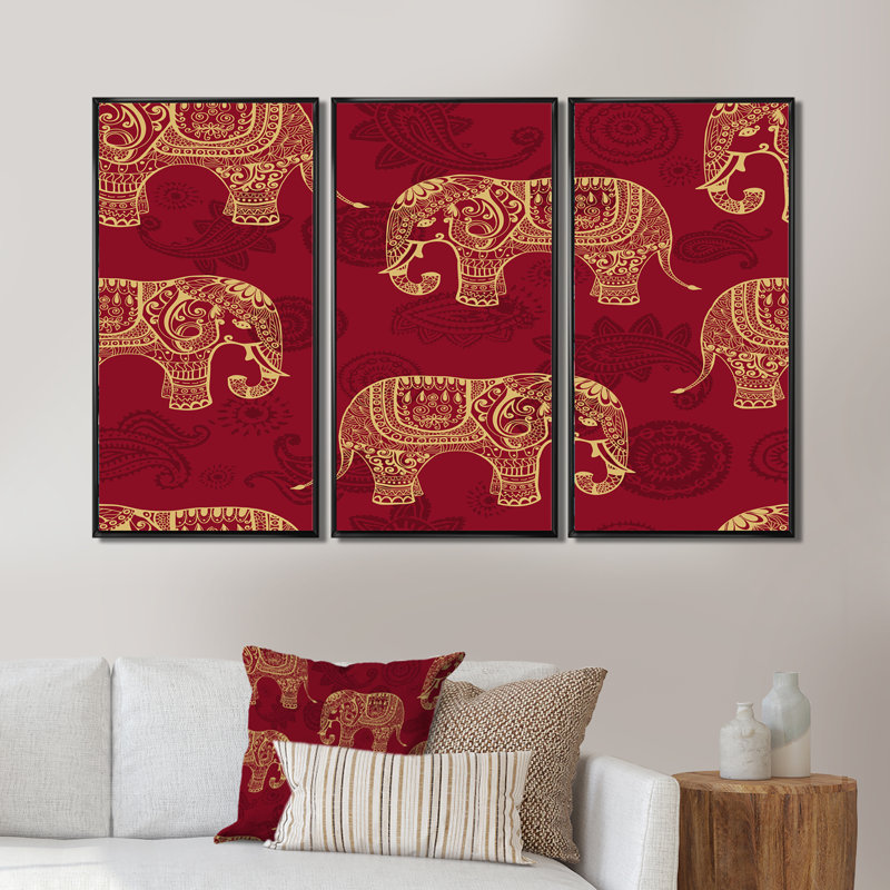 Indian Elephants on Red - 3 pièces, reproduction sur toile, H 28 po x l 36 po x P 1 po, Cadre noir