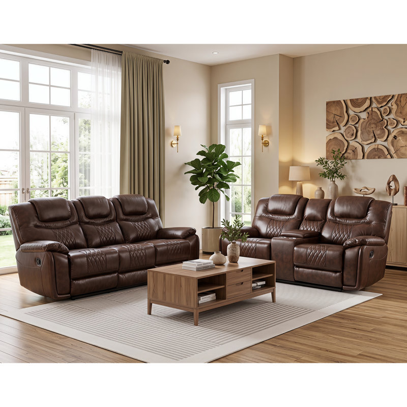 Jepum 2 - Piece Genuine Leather Manual Reclining Living Room Set with Cupholder & Storage, Espresso