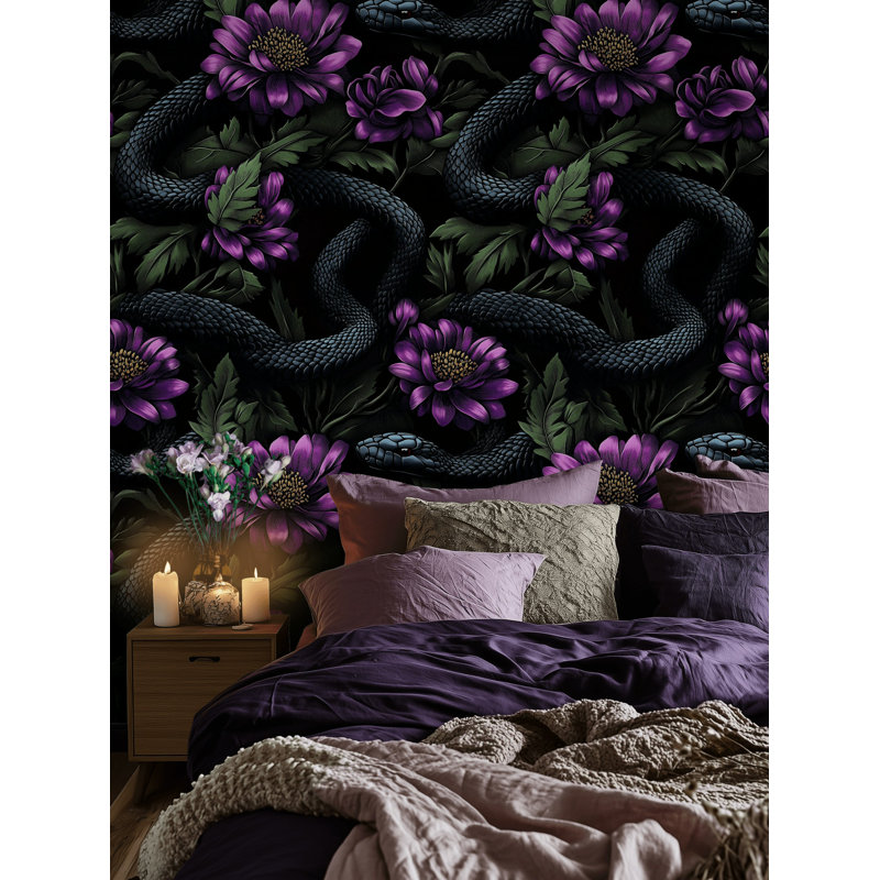 Papier peint à  motifs de serpents sombres et de fleurs : un design audacieux et mystérieux, en rouleau, prêt à  poser