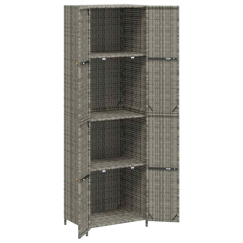 Armoire de rangement en bois vidaXL, poly rotin durable, résistant à l'eau, 4 compartiments, armoire de rangement d'extérieur, structure en acier thermolaqué, boutons en bois d'acacia massif, 23,2 po x 15,7 po x 70,9 po, gris