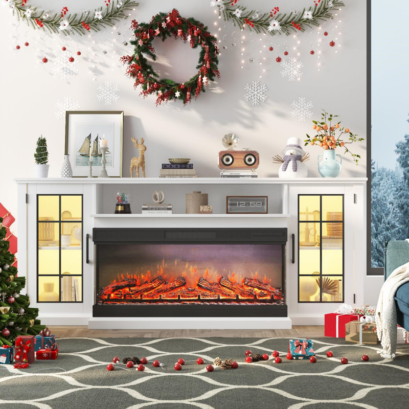 75" Fireplace TV Stand with 3-Sided Glass & Adjustable LED Flame, Electric Fireplace Modern Entertainment Center Console Table Cabniet, Glass Doors & Storage Shelves for TVs up to 85", White