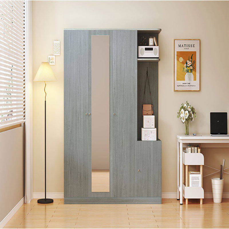 Armoire 4 portes avec rangement ouvert et miroir, Gris
