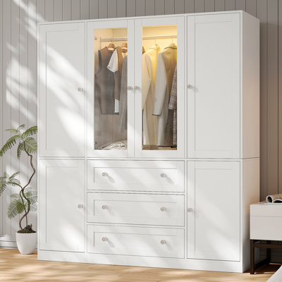 63"W Wardrobe Closet with 3 Drawers, Sense Adjustable LED Light and Storage Shelves, Glass Door Armoire Wardrobe with 4 doors, 2 Hanging Areas and diamond handels for bedroom