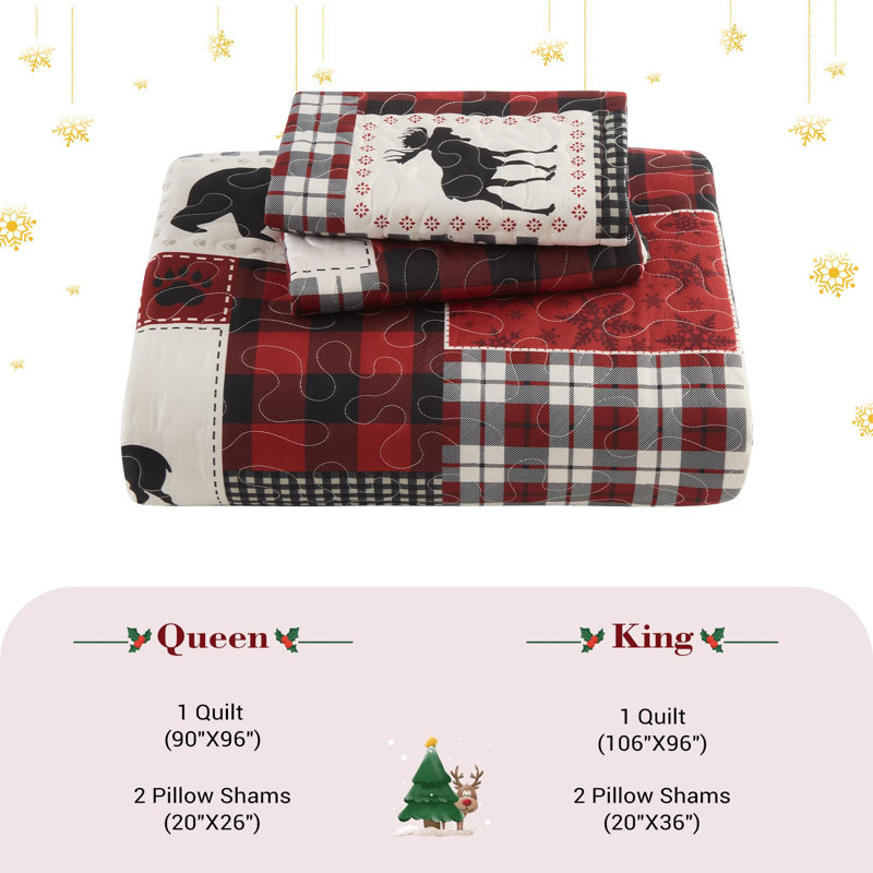 Reversible Christmas Quilt Set with Buffalo Plaid, Snowman and Snowflake Print, Lightweight Cotton-Touch Polyester Bedding
