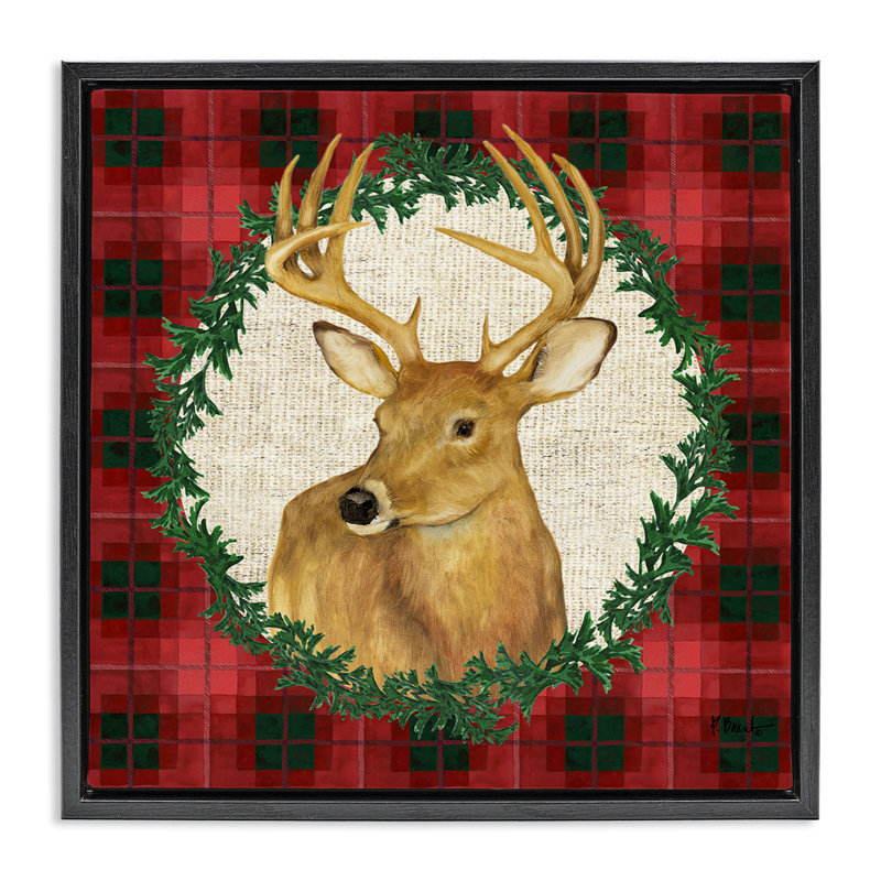  «Deer on Plaid & Wreath» par Paul Brent, H 25 po x l 25 po, Cadre flottant noir de jais