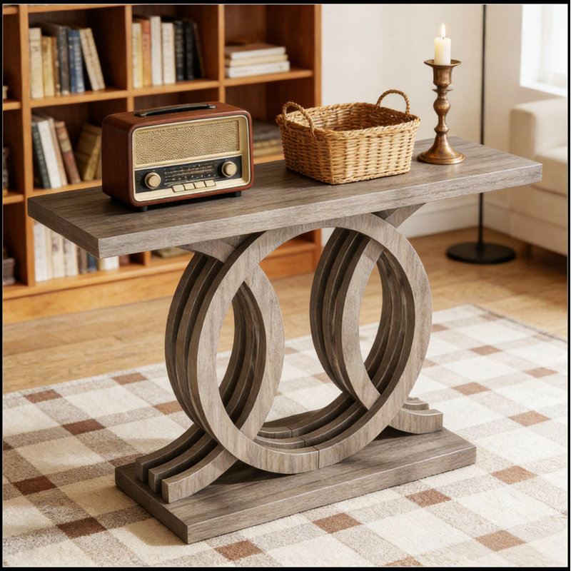 Élégante table de canapé de couloir décorative, console avec lignes courbes et base géométrique pour une utilisation polyvalente dans les vestibules et les salons